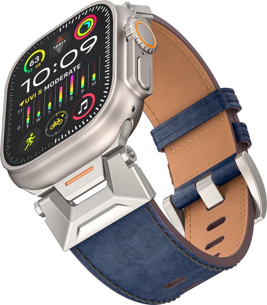 FFO2World Echt leren horlogebandje in Mecha-stijl - Geschikt voor Apple Watch 46mm (Series 10/11), 45mm (Series 7/8/9), 44mm (Series 4/5/6, SE 1/2/3), 42mm (Series 1/2/3), 49mm (Ultra 1/2/3) - Futuristisch Ontwerp Leather - bnadje Leer - Donkerblauw