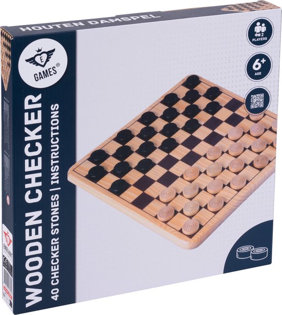 Doos van houten damspel 'Wooden Checker' met afbeelding van een geblokt damspel en een lachend stel dat dammen speelt.