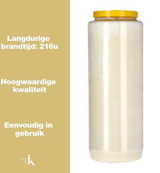 Witte kaars in een transparante pot met gele deksel. Tekst: Langdurige brandtijd: 216u, Hoogwaardige kwaliteit, Eenvoudig in gebruik.