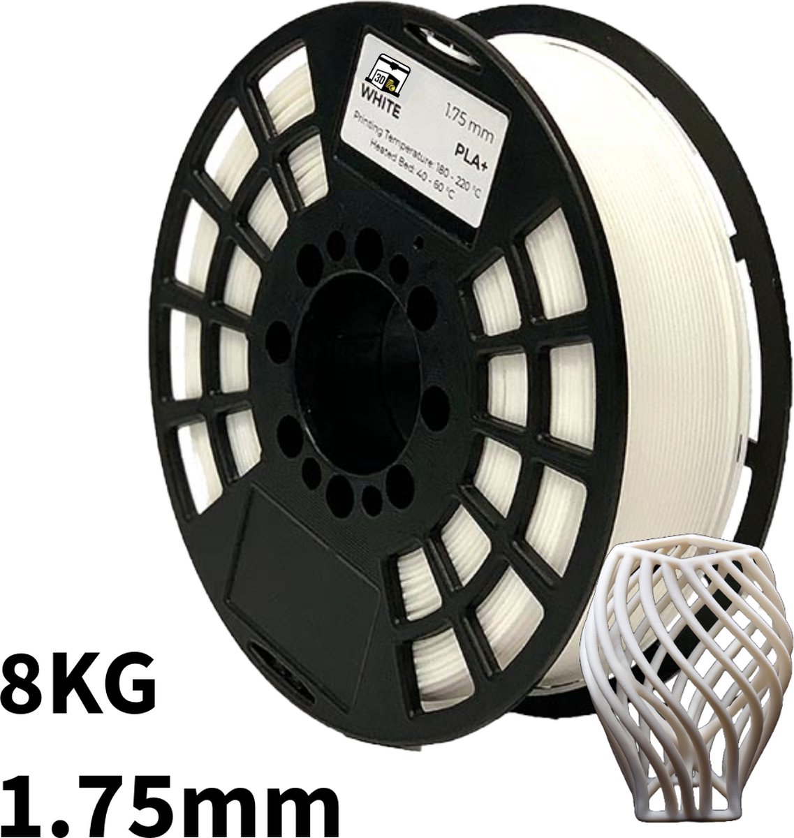 Wit PLA+ 8kg 3D Printer Filament 1.75 mm - Hoge Kwaliteit en Duurzaam - Compatibel met Creality, Bambu Lab, Esun en Andere 3D Printers - Voor 3D Printen van Prototypes, Modellen, Accessoires - voor Professioneel en Thuisgebruik