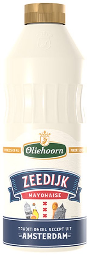 Fles Oliehoorn Zeedijk mayonaise met gouden dop en blauw-wit etiket met Amsterdamse grachtenpanden.
