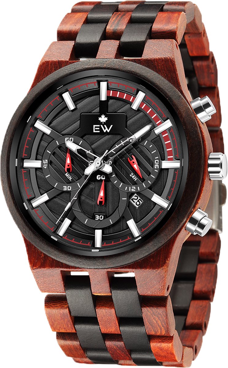 Stijlvol en duurzaam: Eastwood Heren horloge met hoogwaardige houten omkasting en band - tijd en datum aanduiding