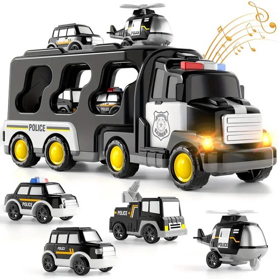 Jouets Camion d'Ambulance/Camion de Chantier, Camions Transporteurs 5 en 1 pour Garçon, Jouet d'Anniversaire, Camions Voitures à Friction avec Lumière et Son