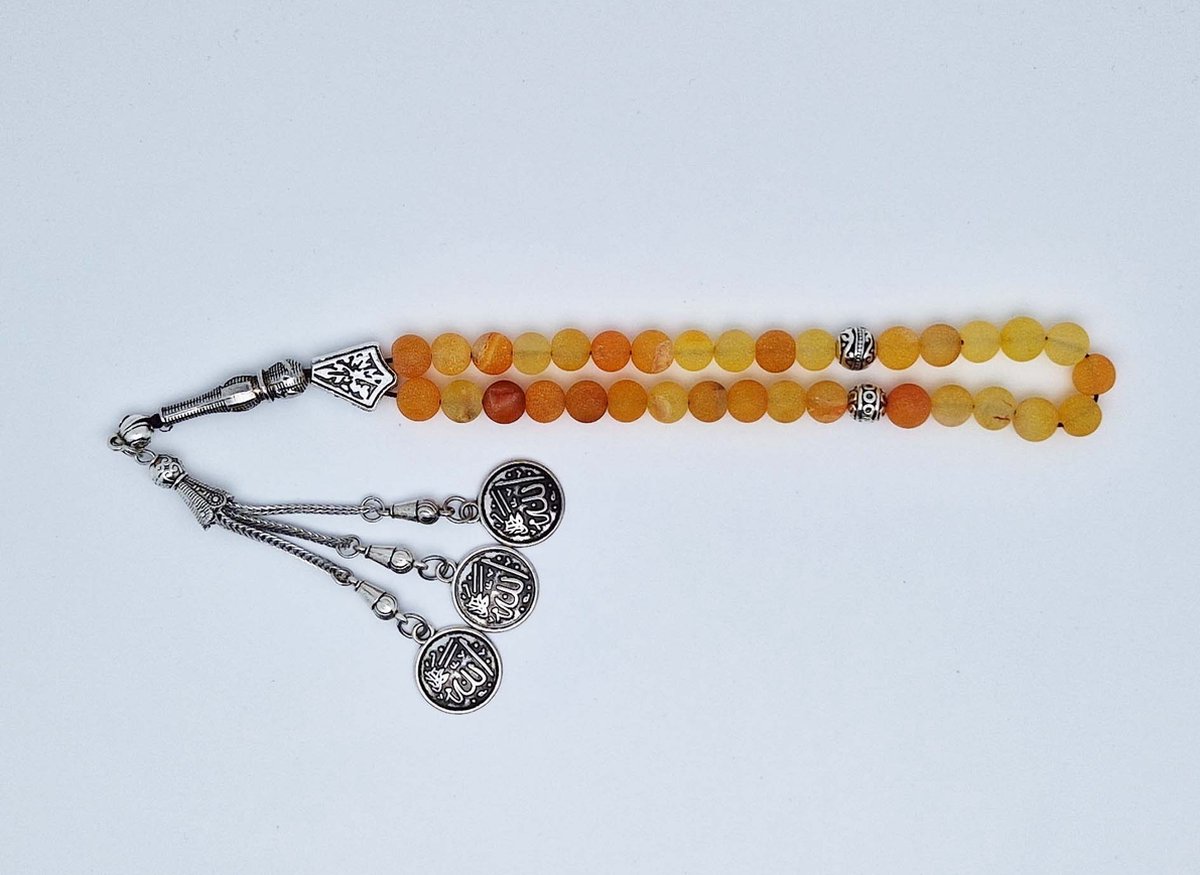 Handgemaakte tesbih "tasbih" natuursteen " Oranje frosted agaat " - Aantal kralen 33 - Diameter kralen 8 MM - met metaal tassel "model 2" - Een mooi cadeau-idee