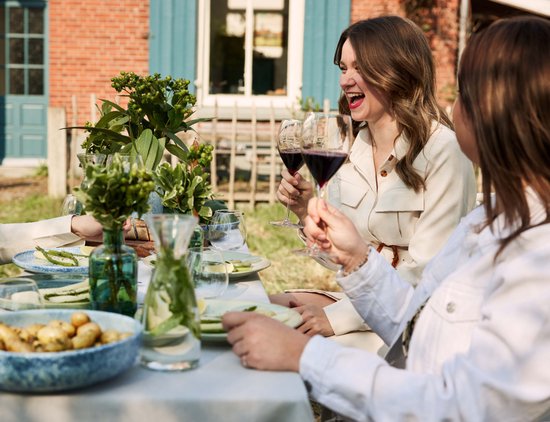 Twee vrouwen genieten buiten van rode wijn.