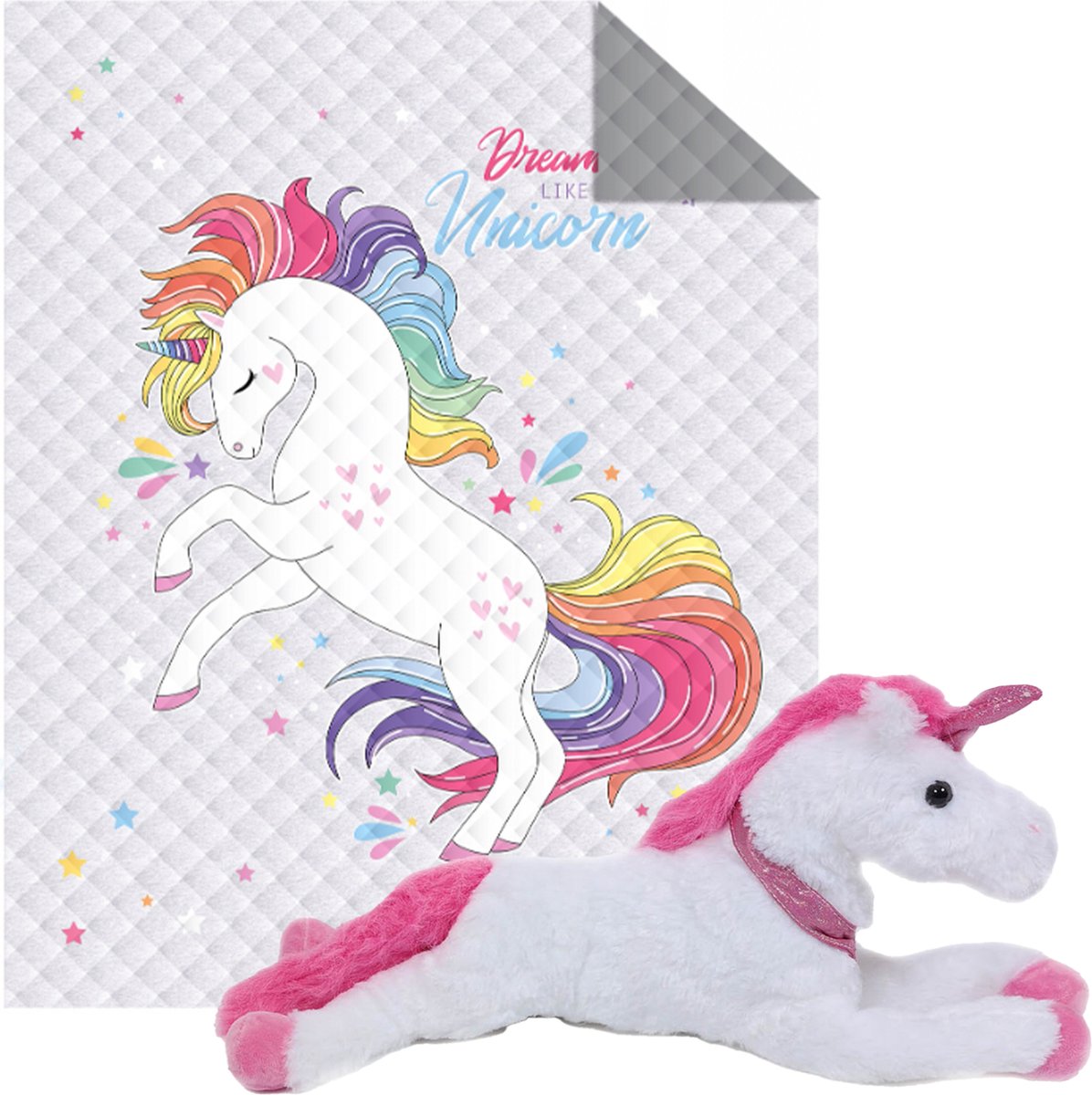 Bedsprei Unicorn - afmeting 170x210 cm - lichtgewicht - gewatteerd - inclusief pluche knuffel 50 cm
