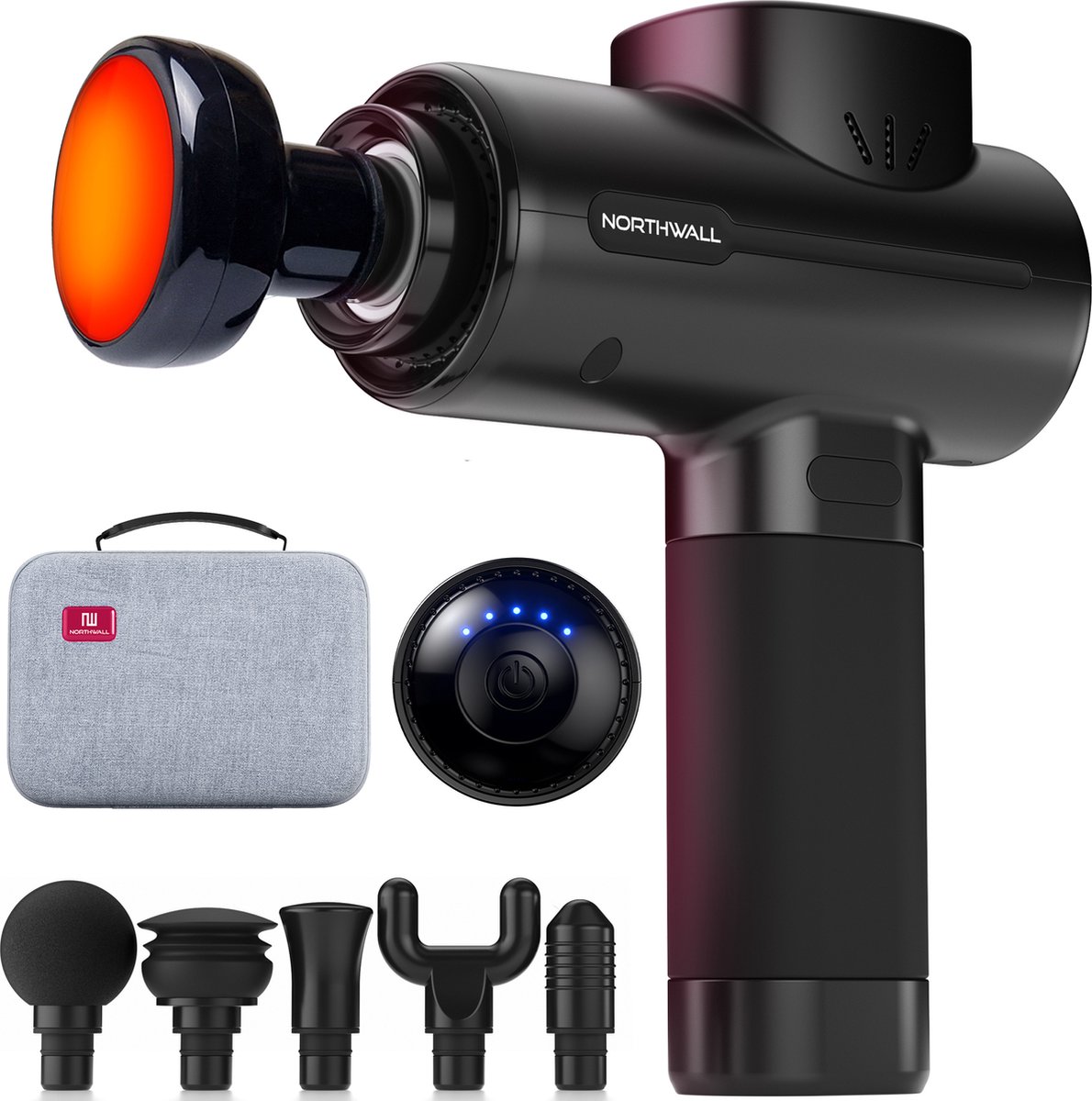 Northwall Massage Gun Professioneel PRO - Massage Pistool Inclusief Koffer en 6 Opzetstukken incl. Warmte Massagekop - Krachtig en Draadloos Sport en Relax Massage Apparaat