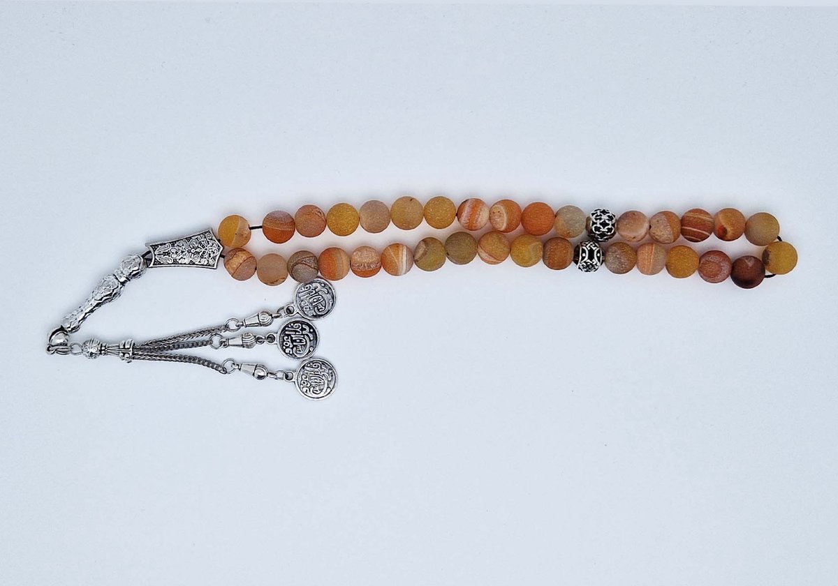 Handgemaakte tesbih "tasbih" natuursteen " Oranje frosted agaat " - Aantal kralen 33 - Diameter kralen 10 MM - met metaal tassel "model 3" - Een mooi cadeau-idee