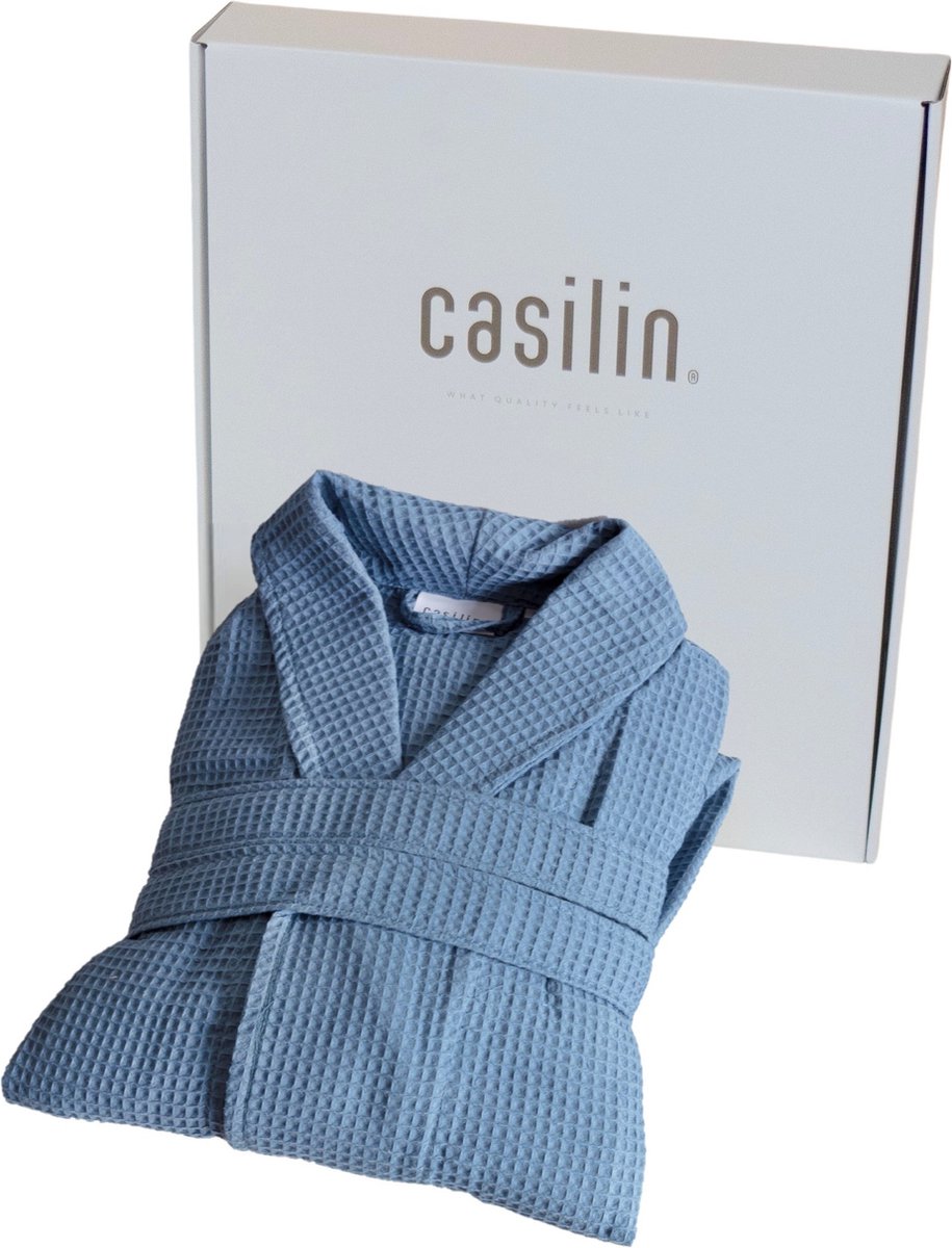 Casilin - Badjas Cadeau voor Hem en Haar incl Luxe Geschenkdoos - Voor dames en heren - Maat M - Wafel Katoen - Absorberend - Blauw
