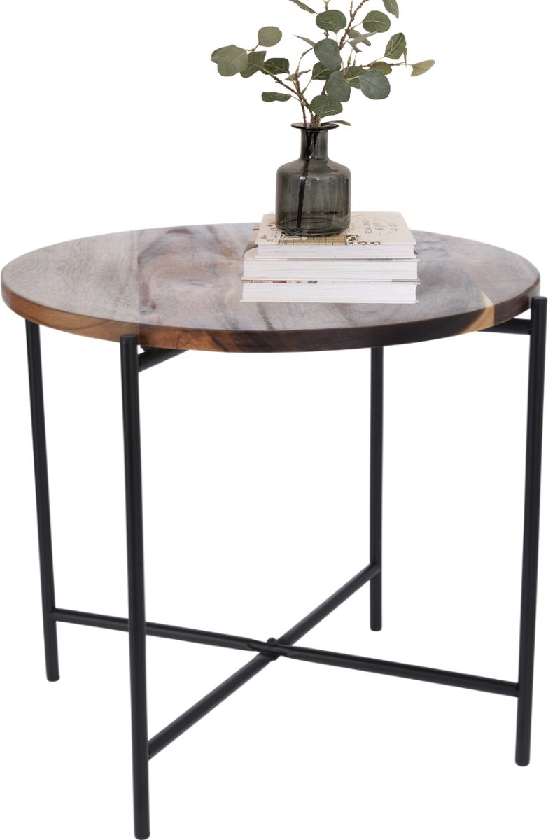 MISOU Bijzettafel - Salontafel - Metaal met Acacia Hout - 45X38CM - Bijzettafeltje Zwart