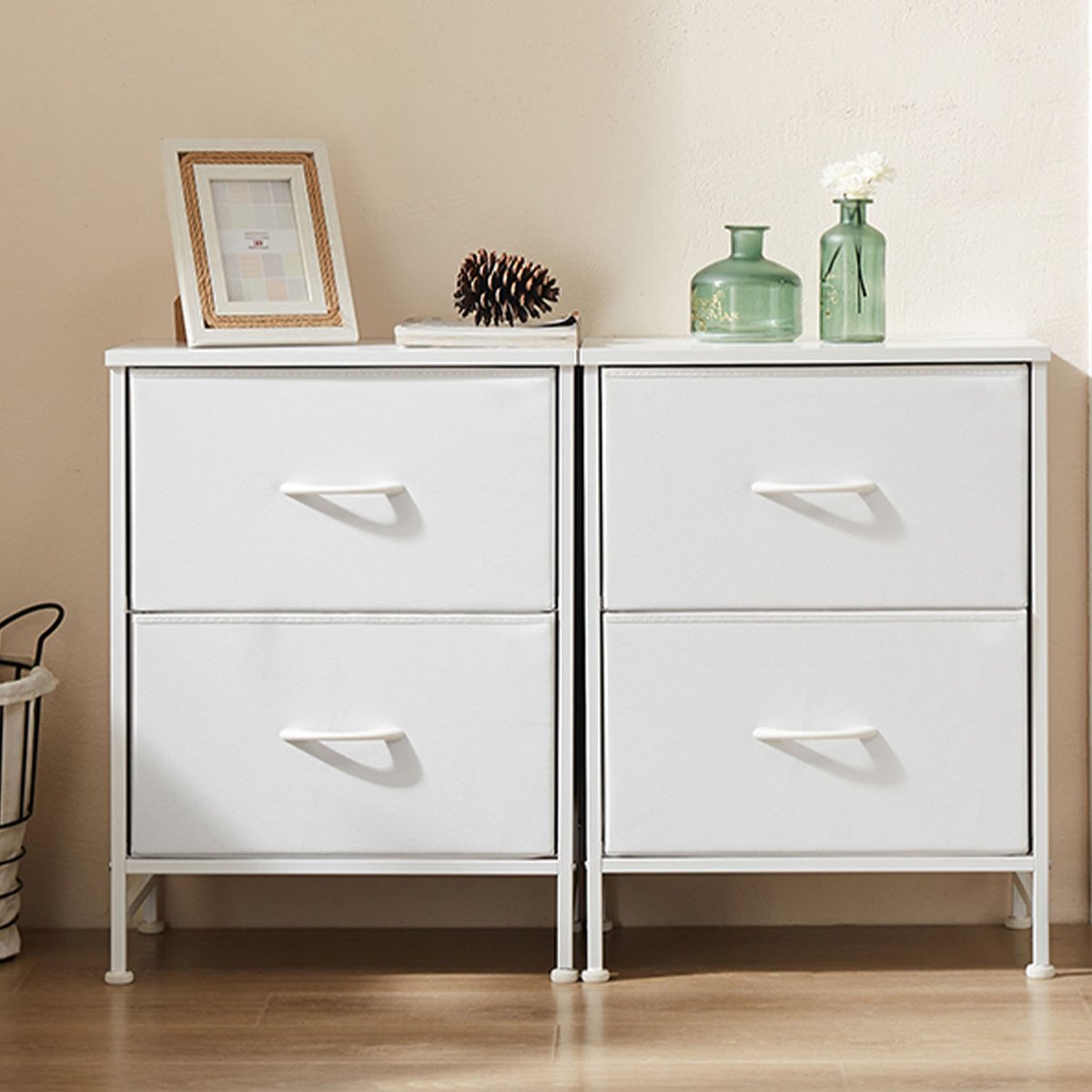 Nachtkastje set van 2 met 2 laden, stoffen commode, verticale opbergruimte, organizer, 50 cm hoog, maximale draagkracht 20 kg, voor slaapkamer, kantoor, wasruimte, hal, kinderkamer.-Wit