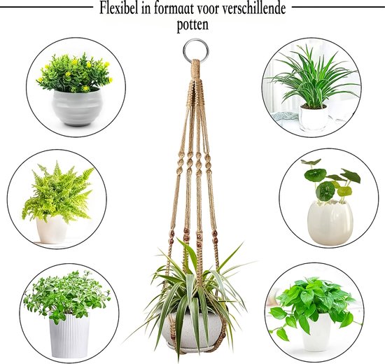 Centraal: macramé plantenhanger met plant. Rondom: 6 planten in witte en grijze potten. Tekst 'Flexibel in formaat voor verschillende potten'.