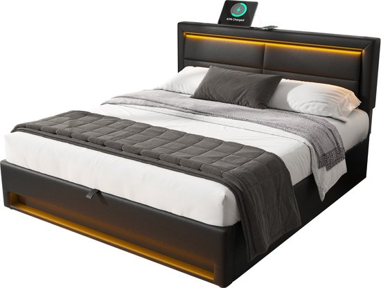 Gestoffeerd bed 140x200 cm, hydraulisch zwevend bedframe met opbergruimte, multifunctioneel gestoffeerd bed met USB-aansluiting en LED-verlichting, linnen, grijs, Beige
