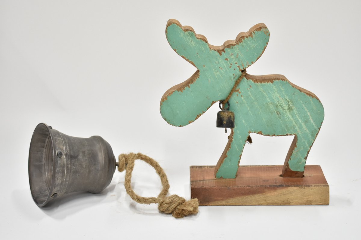 Houten Eland Moose met bel 33 x 30 cm - Decoratieve grote Houten Moose / Eland - Decoratieve houten Eland - Houten dier.