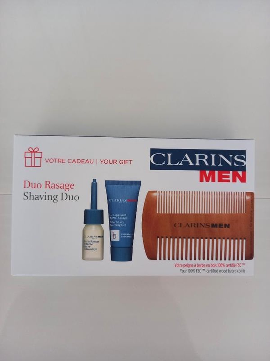Goedkoopste Clarins Men Shaving Duo set Comb - Shave Oil 3 ml After shave Gel 5 ml Wood beard Comb