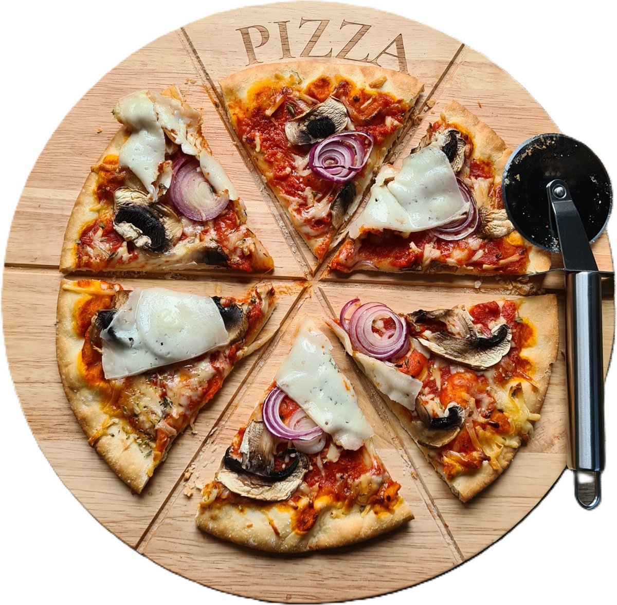 THINGS-TO-BUY Massief Houten Pizza Draaiplateau Ø33 cm – Professionele Kwaliteit – Robuust & Duurzaam – Inclusief RVS Pizzasnijder| Dienblad, Snijplank, Borrelplank voor Hapjes, Tapas & Snacks, en Pizza uit je Pizza oven of Pizzasteen