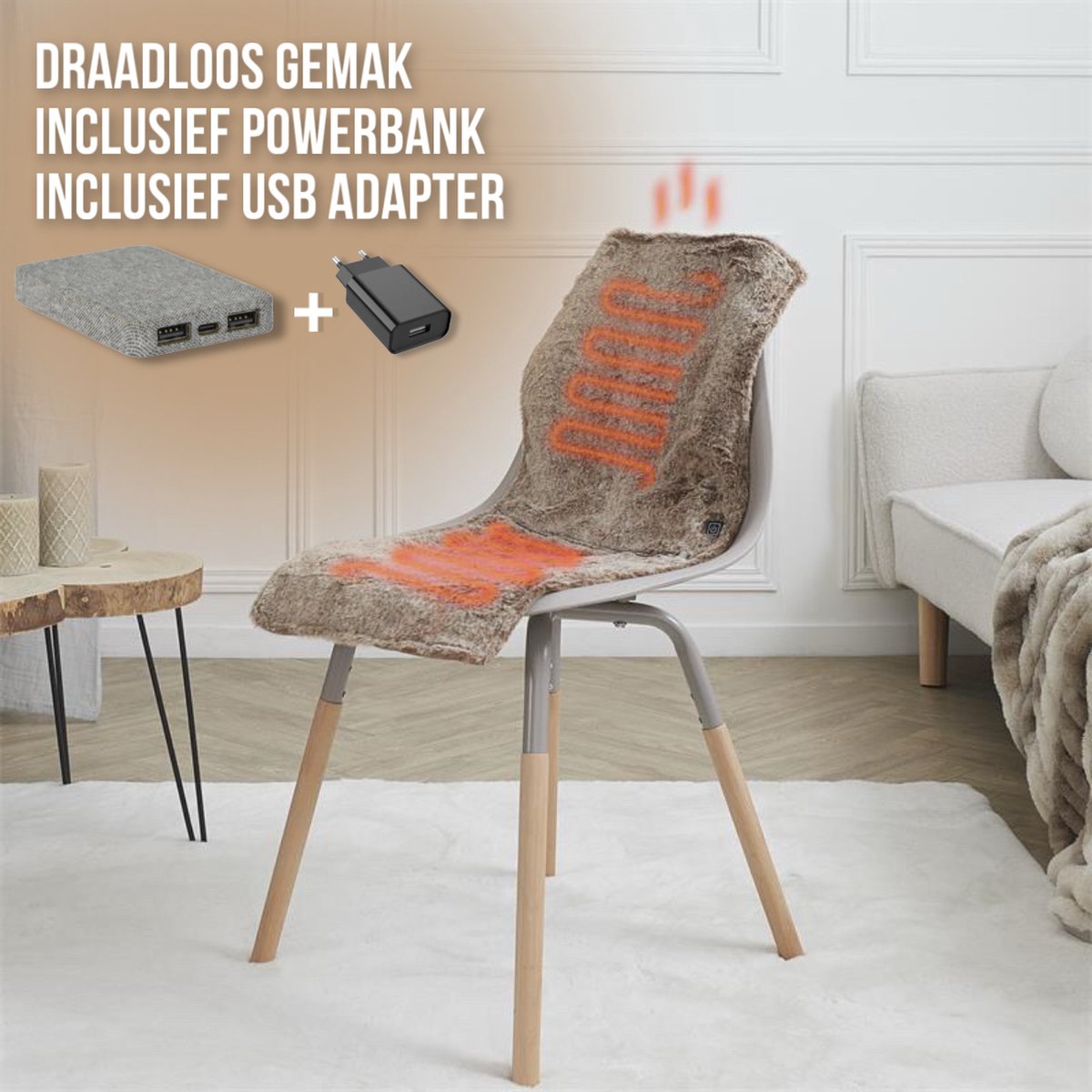 Afbeelding 2 van Verwarmd Stoelkleed voor Stoel met 3 Warmtestanden – Draadloos Infrarood Warmtedeken 38 x 83 cm – Bruin (inclusief powerbank)