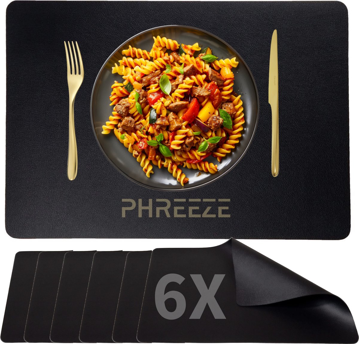 Luxe Placemat Kunststof - 45 x 30 cm - Set van 6 Stuks - Lederlook Placemats - Antislip - Waterafstotende Onderlegger - Onderzetter - Zwart