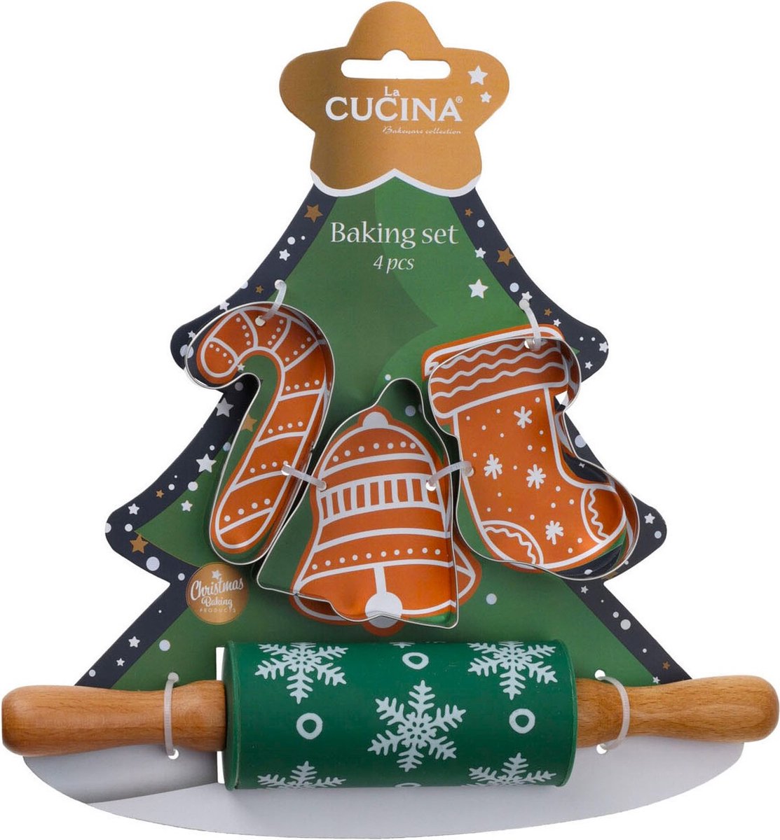 Kerst 4-delige bakset voor kinderen in cadeauverpakking, met deegroller, bakvormen: kerstklok, kerst sok, zuurtje snoep (cadeau idee voor de feestdagen / Kerstmis!)