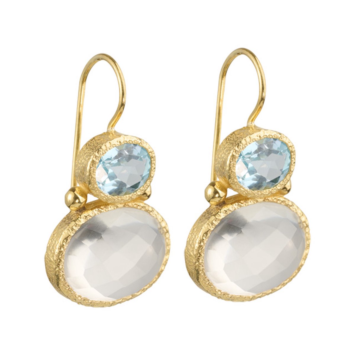 Double gems - oorbellen - goud - heldere kwarts - blauwe topaas