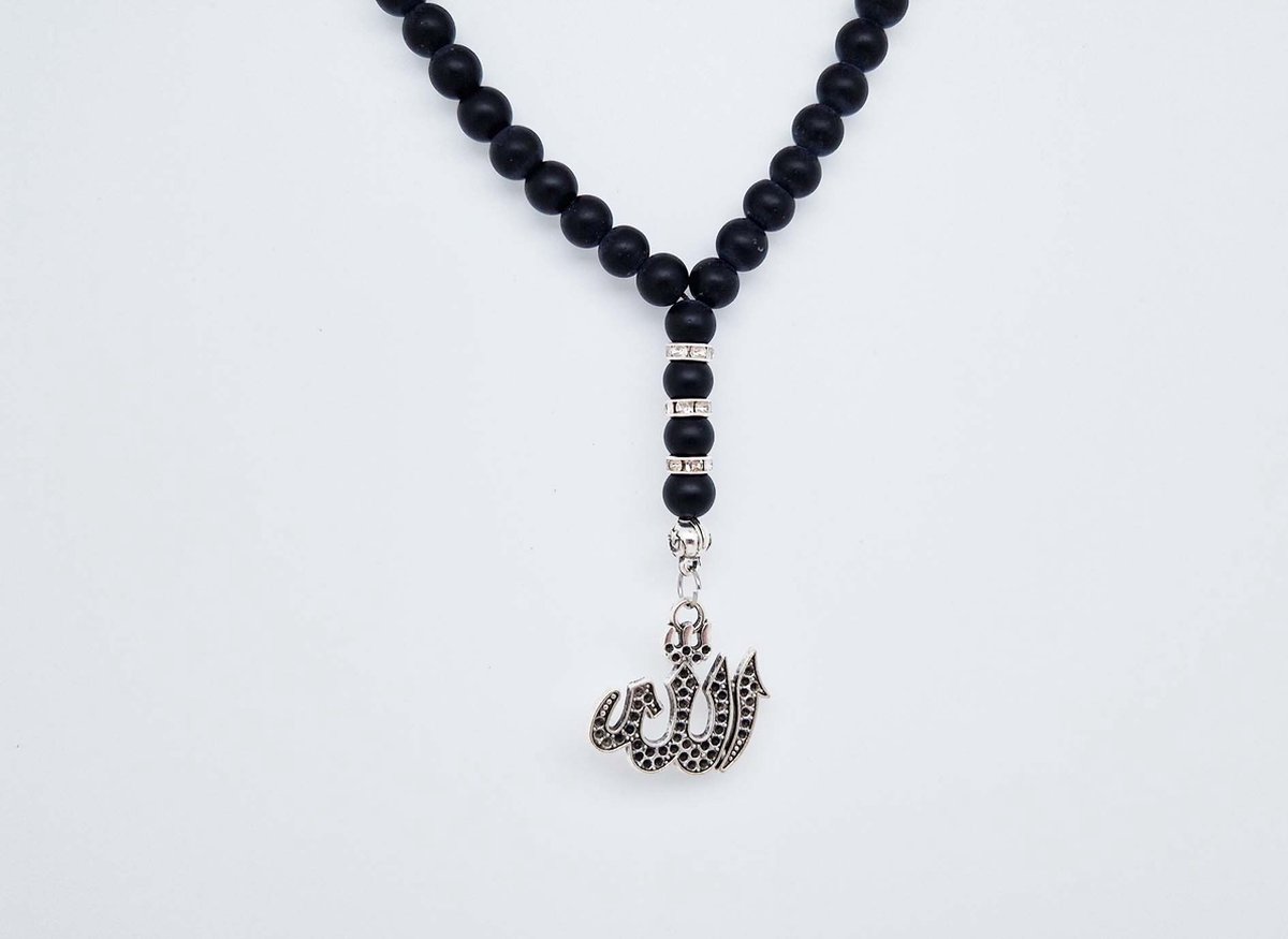 Handgemaakte Natuurstenen Autohanger "Mat zwart onyx "- Met metalen hanger "Aallah" - 8 mm diameter van de korrel- Mooie accessoire en decoratie voor de auto