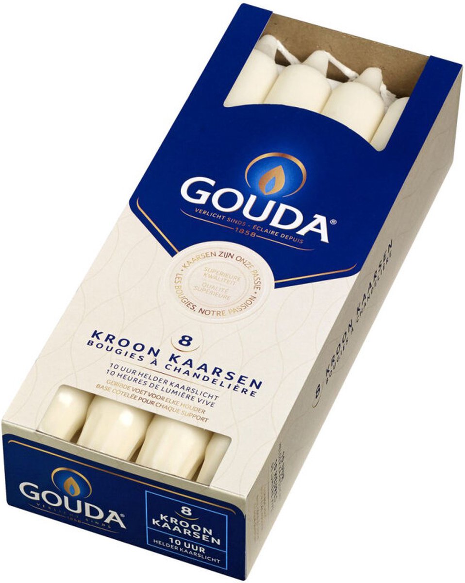 Gouda kroonkaarsen ivoor / creme 1 doos met 8 dinerkaarsen