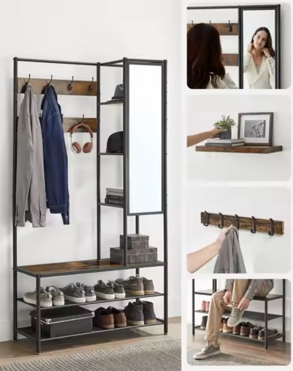 J&R Kapstok - Kledingrek - Kledingstandaard - Garderobekast - Kleerhanger - Garderoberek - Gangmeubel - Kapstok Staande kapstok - Vestiairemeubel - Kast - Rek - Planken - 7 Haken - Spiegel - Schoenen rek - Hout en metaal - Industrieel - Bruin/Zwart – foto 5