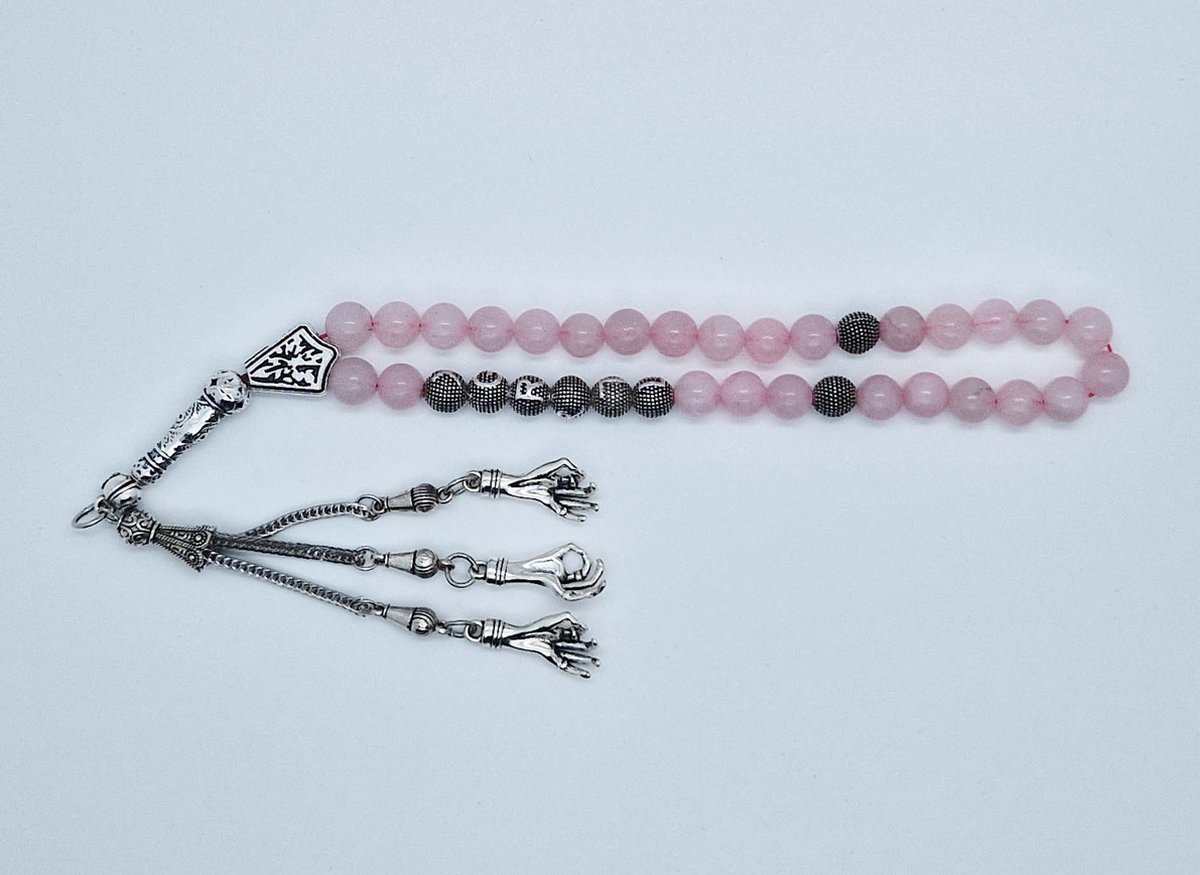 Handgemaakte naam tasbih 33 Kralen Natuursteen “Roze kwartz” - met metaal tassel “ Handpalm"- Met je naam of de naam van uw geliefde- 8 mm diameter van de korrel
