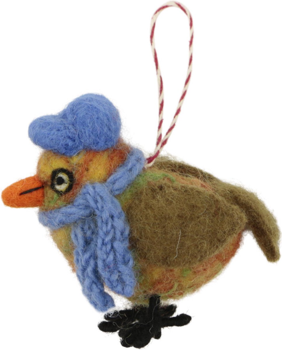 Ornament vilt kerst vogel muts/sjaal blauw