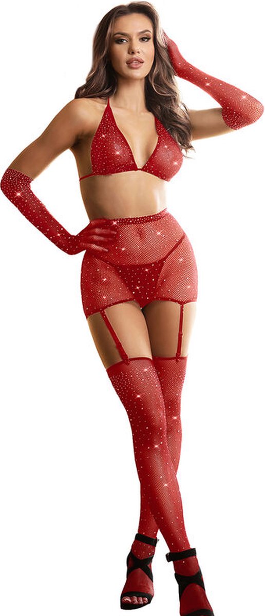 SUBBLIME - 952181 VISNET BODYSTOCKING MET HANDSCHOENEN EN DIAMANTEN ROOD ONE SIZE | LINGERIE | SEXY LINGERIE | EROTISCHE LINGERIESET