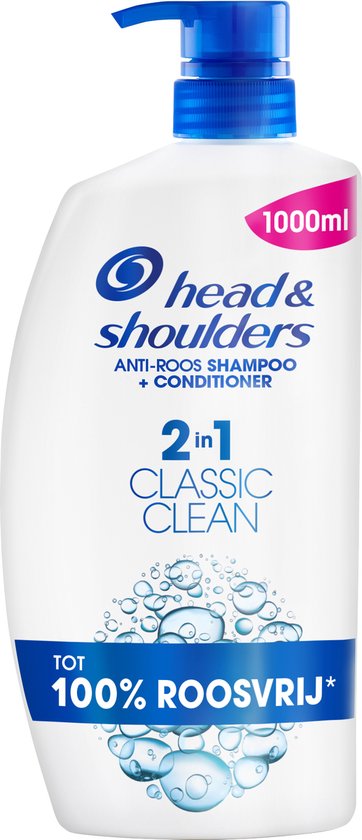 Bouteille blanche de shampooing Head & Shoulders 2-en-1 Classic avec pompe bleue. 1000ml et 100% sans pellicules.