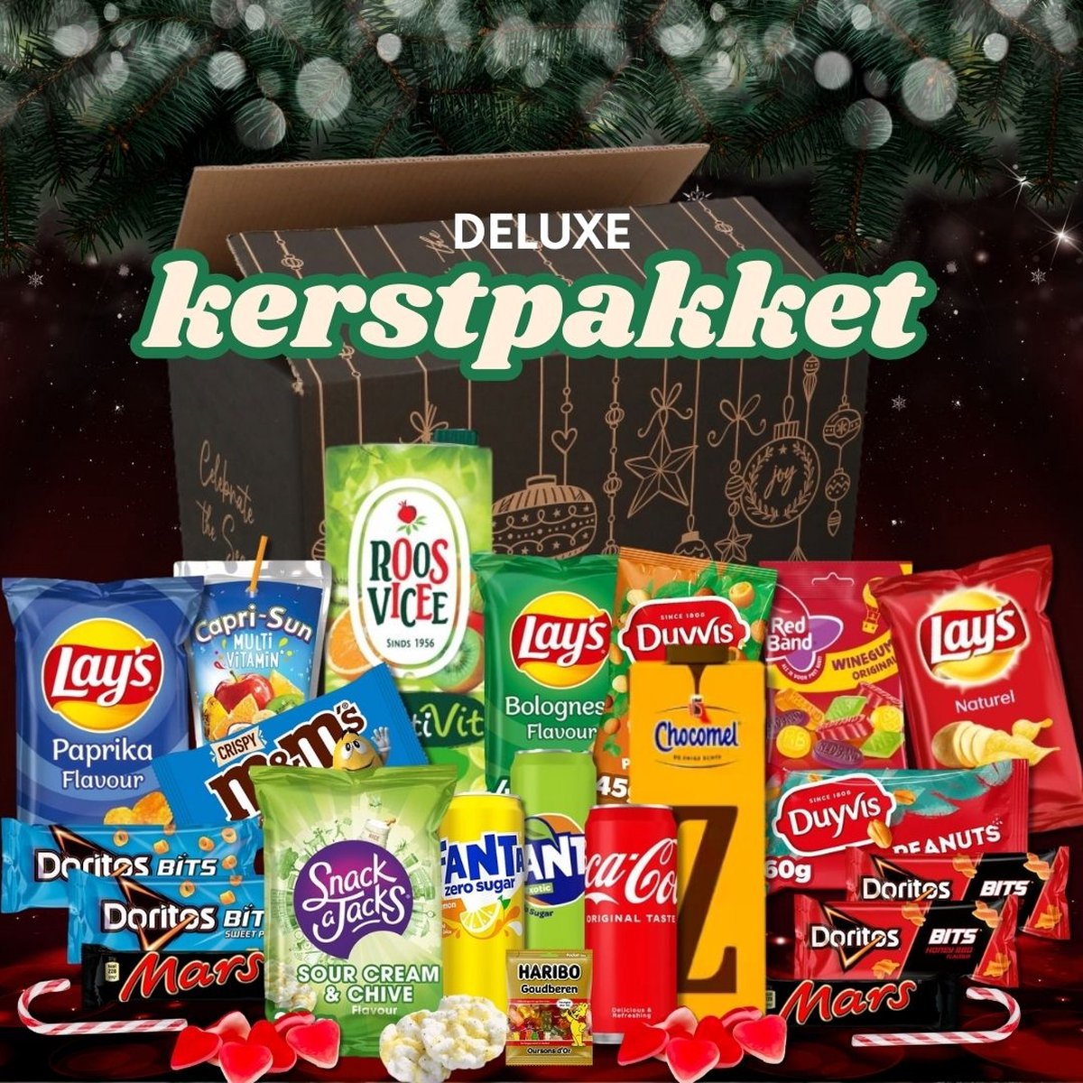 Kerstpakket Deluxe - Geschenkpakket - Vol Snacks & Drinken - Kerstpakket Eten - Kerstpakketten - 24 producten - Kerstpakket Food – foto 3