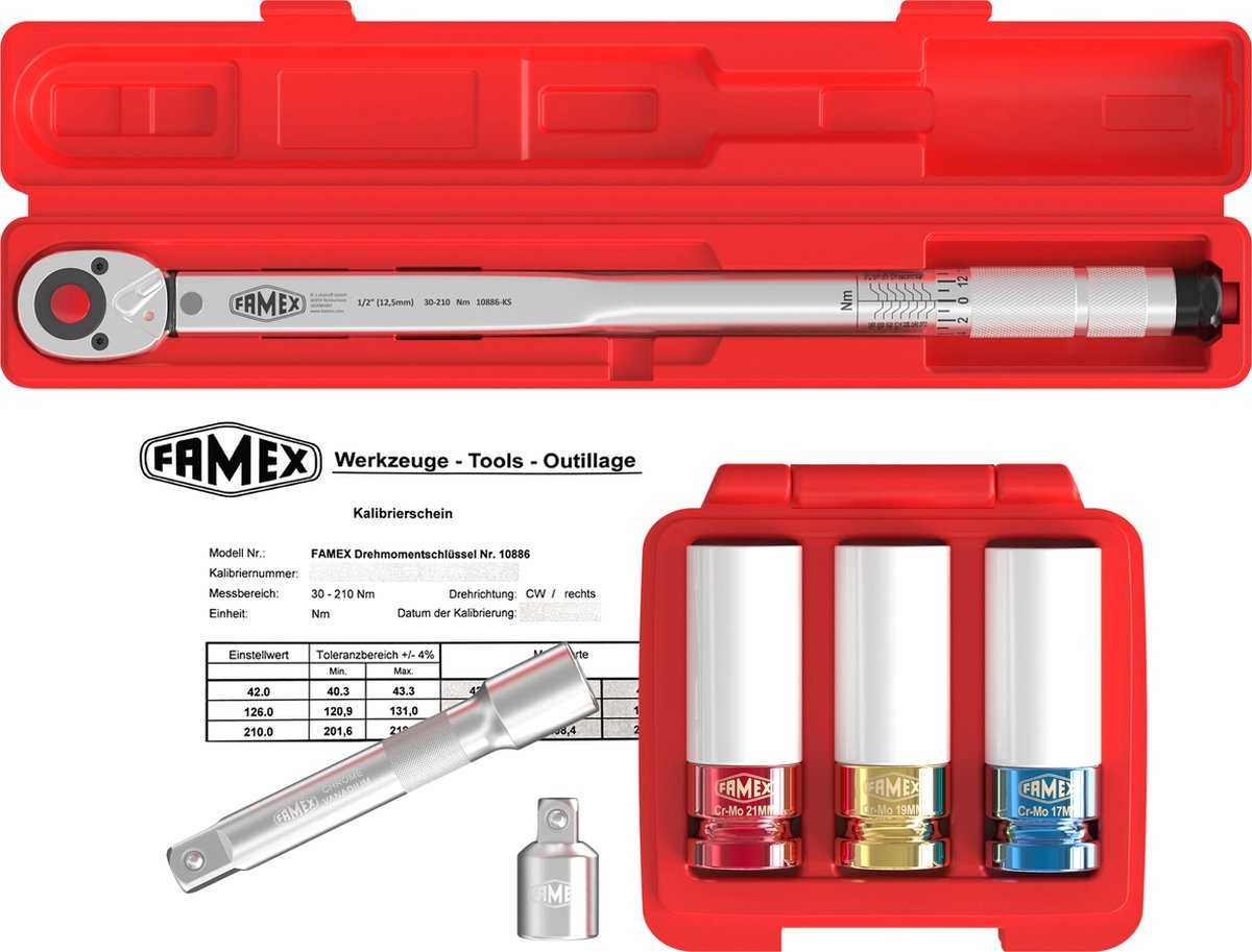 FAMEX 10886-3N-KS Momentsleutel 1/2” - 30-210 Nm - Met doppen 17, 19, 21 Nm