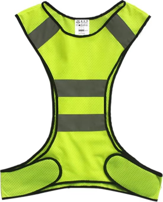 Lichtgeel reflecterend X-vormig vest met grijze reflecterende banden.