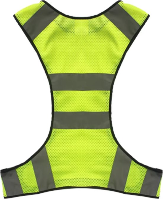 Lichtgeel reflecterend X-vormig vest met grijze reflecterende banden.