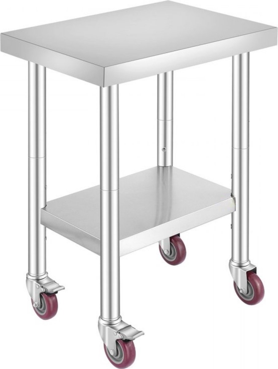 RVS Werktafel 24x18 inch - Keukentafel - Verstelbare plank - Casters - Commercieel & huishoudelijk gebruik - Duurzaam roestvrij staal - 330 lb draagvermogen - Mobiel & stabiel