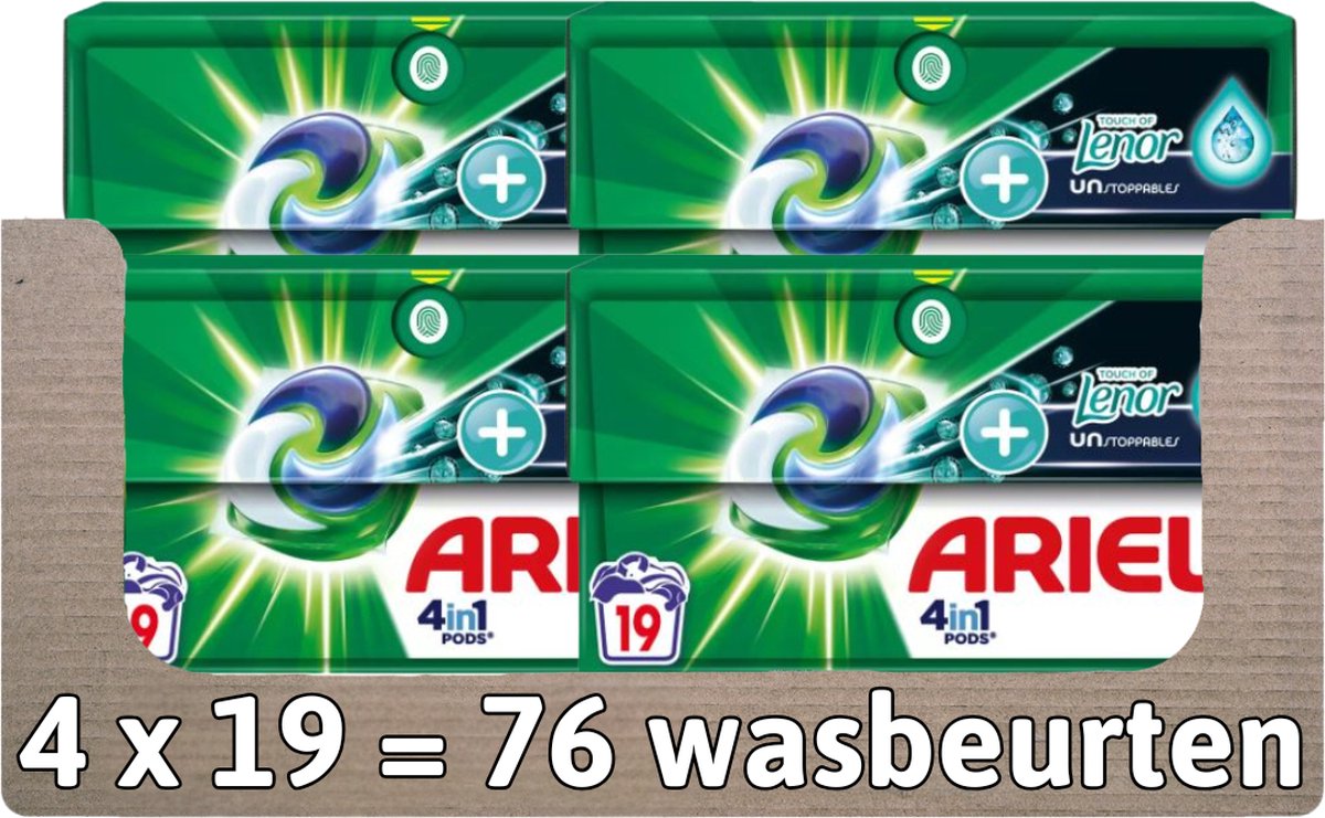 Goedkoopste Ariel 4in1 Wasmiddel Pods Touch Of Lenor Unstoppables - 76 (4x19) Wasbeurten