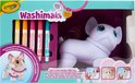 Verpakking van Crayola Washimals Jumbo Pets met een witte Franse Bulldog, vijf Washimals stiften, borsteltje en demonstratie-afbeeldingen van het inkleuren en wassen.