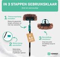 Illustratie van 3 stappen: steel uittrekken, waterslang aansluiten, borstelkop monteren. Met maat 6,5 meter.