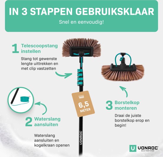 Illustratie van 3 stappen: steel uittrekken, waterslang aansluiten, borstelkop monteren. Met maat 6,5 meter.