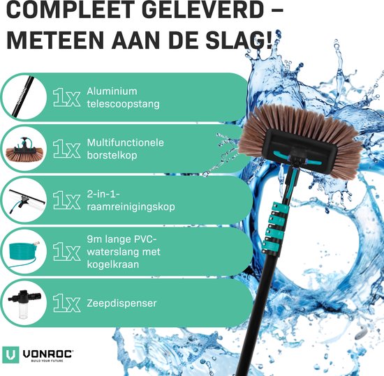 Telescoopsteel met borstelkop, raamwisser, waterslang en zeepdispenser. Turquoise en zwarte details.