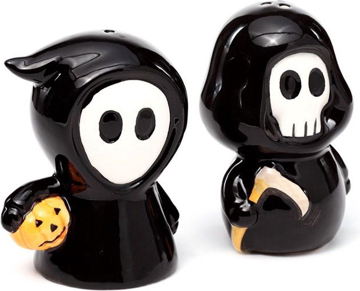 Peper- en Zoutstel - Set Skull Boy & Ghost Boy - Halloween - Dolomiet Keramiek - 8-8.5x5-6x5-5.5cm
