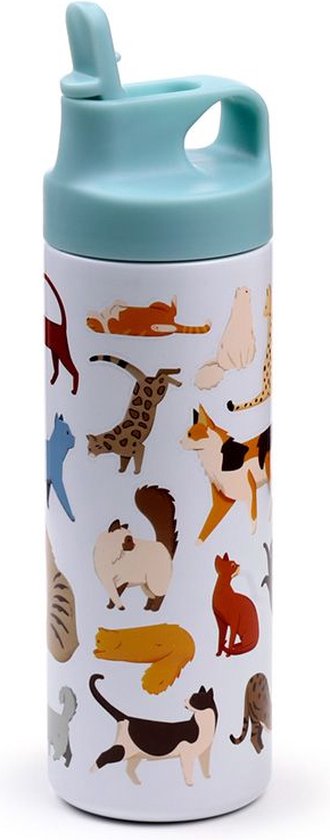 Drinkfles Thermosfles RVS - Feline Fine Katten - Wit/Lichtblauw - Flip Top - 500ml - 23x7x7cm
