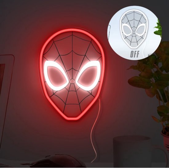 Spiderman masker neonlamp met rode rand en witte ogen, met een kleine afbeelding van de lamp uit.