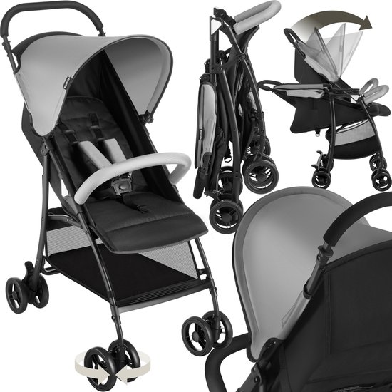tectake® Buggy - Kinderwagen - Inklapbaar, 5-Puntsgordel, Verstelbare rugleuning en beensteun - Met rem, lichtlopende wielen - Praktische opbergmand - Zwart/grijs