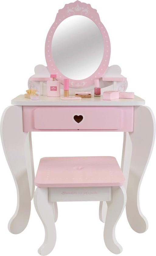 Bandits & Angels Coiffeuse Kinder Julia Wit Rose avec Miroir pour Filles à partir de 3 Ans - Coiffeuse en Bois - Coiffeuse avec Tabouret - pour Enfants