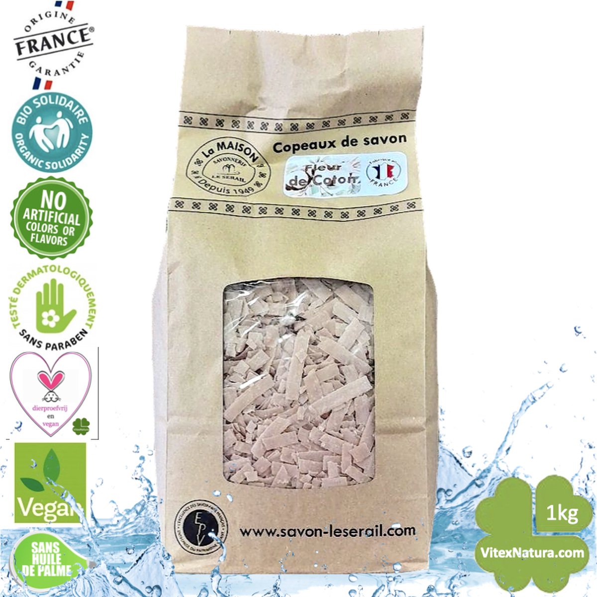 Goedkoopste Marseille zeepvlokken katoenbloesem | 1 kg | Zuinig Ecologisch Milieuvriendelijk Hypoallergeen | Zonder conserveermiddel Zonder kleur | Le Serail