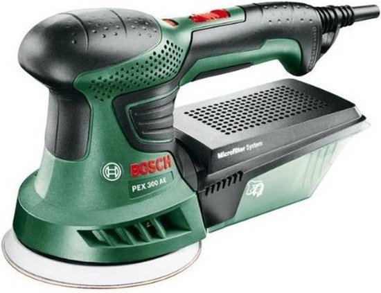 Groene Bosch PEX 300 AE schuurmachine met Microfilter Systeem.