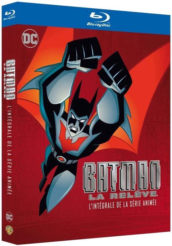 Blu-ray hoes van Batman Beyond: La Relève. De integrale animatieserie. Batman is in de lucht met gebalde vuisten.