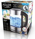 Zilveren Adler elektrische waterkoker met glazen body, verlichting en zwarte handgreep. Vermogen: 2200W.